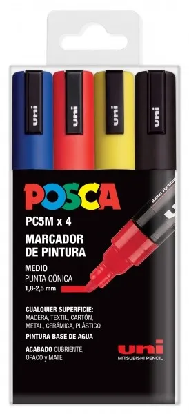 Posca PC-5M Confezione da 4 pennarelli a vernice - Punta tonda - Inchiostro a base di acqua - Non permanente - Resistente alla luce - Colori blu rosso giallo e nero