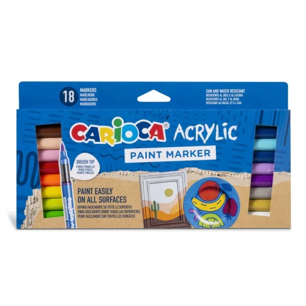 Carioca Acrylic Confezione da 18 pennarelli acrilici - Punta a pennello - Inchiostro a base d'acqua - Alta copertura - Colori assortiti