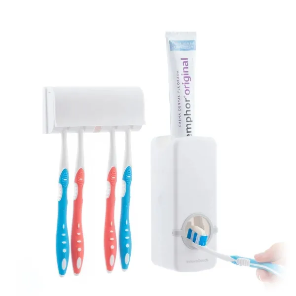 Innovagoods Diseeth Dispenser di dentifricio con organizer per 5 spazzolini - Multifunzionale - Facile da pulire - Adesivi di qualità inclusi - Bianco