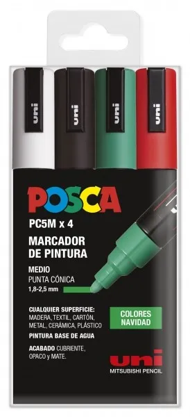 Pennarelli a vernice Posca PC-5M confezione da 4 punta tonda da 18-25 mm inchiostro a base d'acqua resistenti alla luce colori assortiti