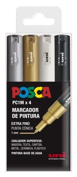 Posca PC1M Confezione da 4 pennarelli a vernice - Punta conica da 07 mm - Inchiostro a base d'acqua - Non permanente - Resistente alla luce - Inodore - Ideale per segnaletica e decorazione - Colori argento oro bianco e nero