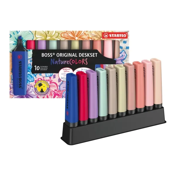 Stabilo Boss Naturecolors Confezione da 10 pennarelli con supporto da tavolo - Include i 4 nuovi colori Wildflower - Larghezza del tratto tra 2 e 5 mm - Inchiostro a base d'acqua - Colori assortiti