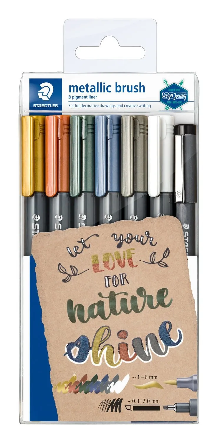 Staedtler Metallic Brush Pack de 7 Rotuladores Punta de Pincel - Tinta Base de Agua - Trazo 1 - 6mm Aprox - Colores Surtidos
