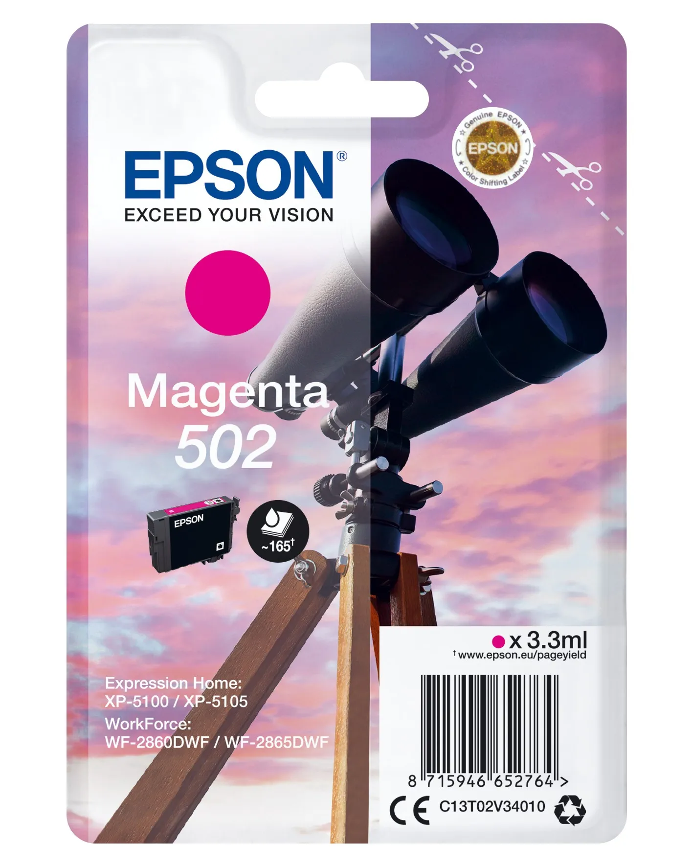 ORIGINALE Epson Cartuccia d'inchiostro magenta C13T02V34010 502 165 pagine 33ml