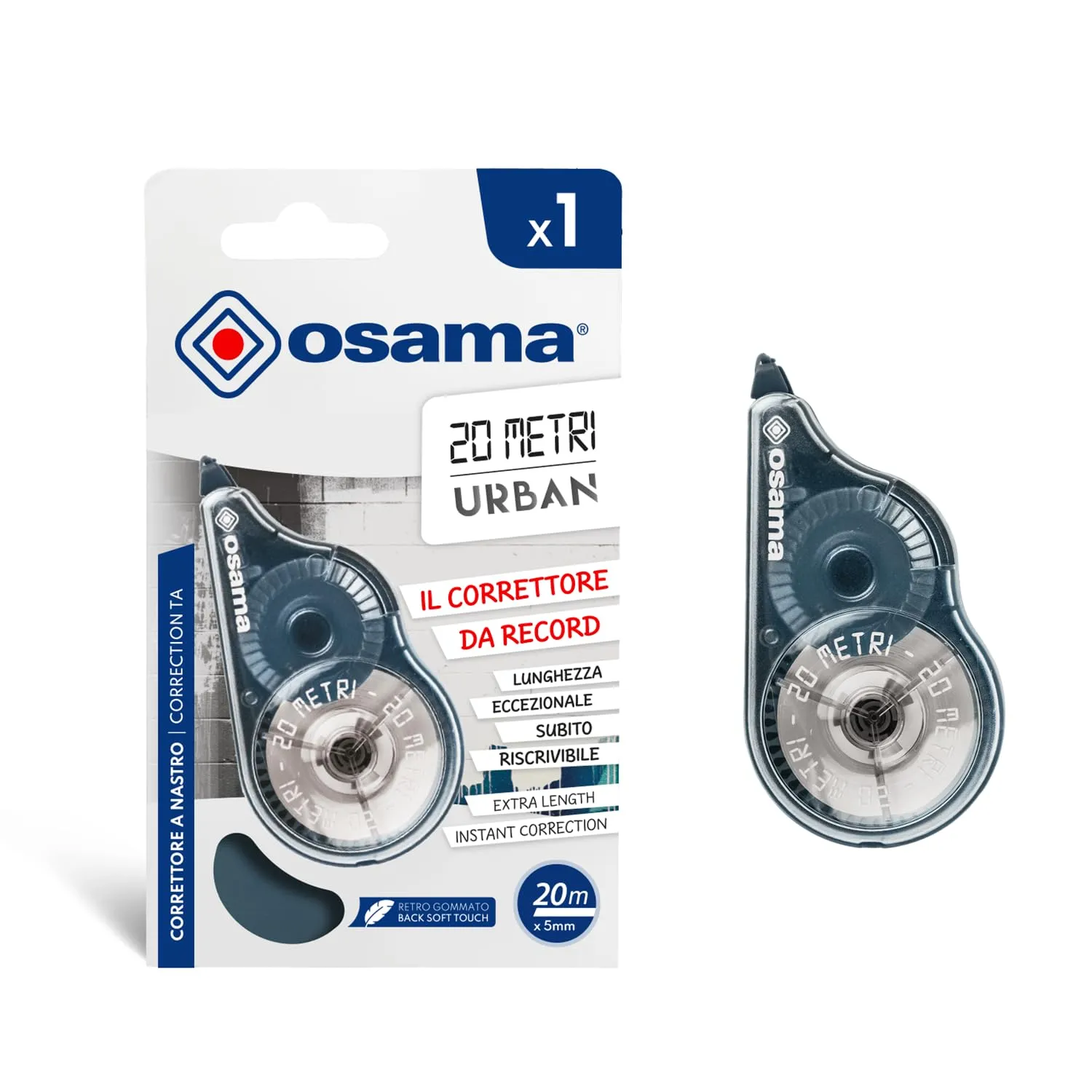 OSAMA - Bianchetto a Nastro, 1 Pezzo x 20 Metri, Correttore a Nastro Cancelleria Scuola e Ufficio Antiscivolo con Impugnatura Gommata - Scolorina per Cartoleria Scorrevole e Coprente, Colori Assortiti
