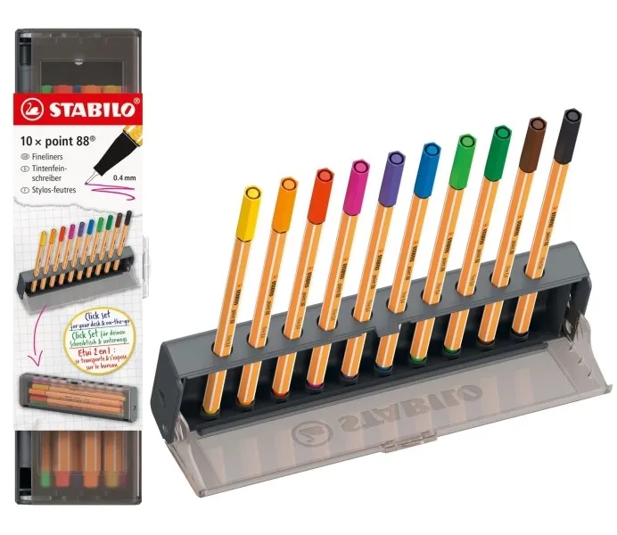 Set da scrivania Stabilo Point 88 con 10 pennarelli a punta in fibra - Tratto di circa 04 mm - Inchiostro a base d'acqua - Colori assortiti