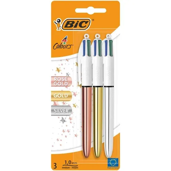 Confezione da 3 penne a sfera retrattili Bic 4 colori - Punta da 1 mm - Tratto da 04 mm - Inchiostro a base d'olio - Corpo color oro argento e oro rosa
