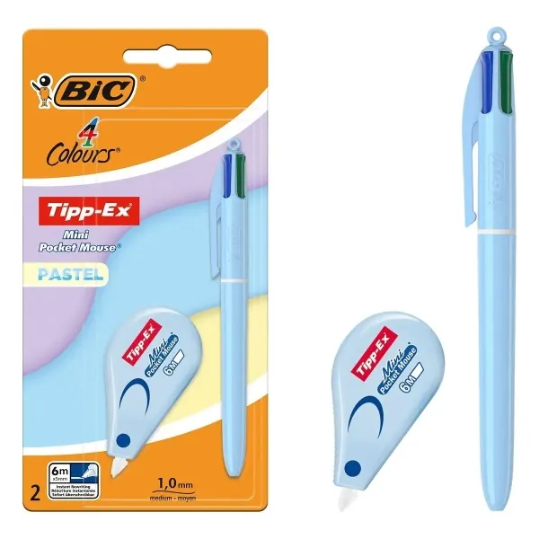 Set di 4 matite pastello Bic con 1 penna a sfera retrattile in 4 colori + correttore liquido pastello Tipp-Ex Mini Pocket Mouse (5 mm x 6 mm) - Punta media da 10 mm - Inchiostro a base d'olio - Corpo pastello - 4 colori di inchiostro