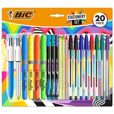 Confezione da 20 pennarelli Bic Multicolor Writing assortiti: 6 Bic Cristal Original 2 Bic Cristal Fun 2 Bic 4 Colors 3 Bic Intensity Fine 4 Bic Highlighter Grip e 3 Bic Evolution Stripes HB