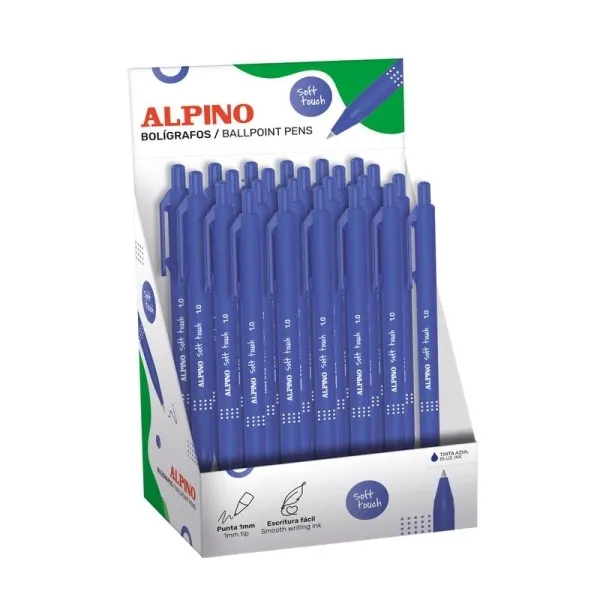 Espositore Alpino Soft Touch con 24 penne retrattili - Punta da 1 mm - Soft Touch - Inchiostro blu - Colore blu