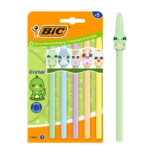 Confezione da 5 penne a sfera Bic Cristal Pastel Figurines - Corpo opaco color pastello con figure di animali - Punta tonda da 1 mm - Tratto da 04 mm - Inchiostro a base d'olio - Colore blu