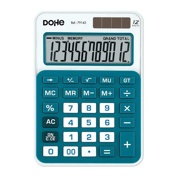 Calcolatrice da tavolo media Dohe 12 cifre - Tasti grandi - 4 tasti memoria - Spegnimento automatico - Alimentazione solare e a batteria - Bianco/Blu