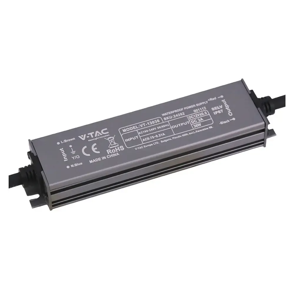 V-TAC Alimentatore LED in Metallo 36W 12V 3A con 1 Uscita 140x35x21mm IP67