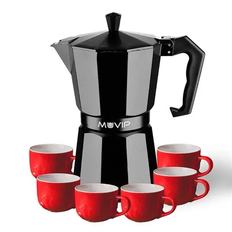Caffettiera in alluminio Muvip MV0607 - Capacità 6 tazze - Manico ergonomico - Antiaderente - Adatta a fornelli elettrici in ceramica e a gas - Nero opaco
