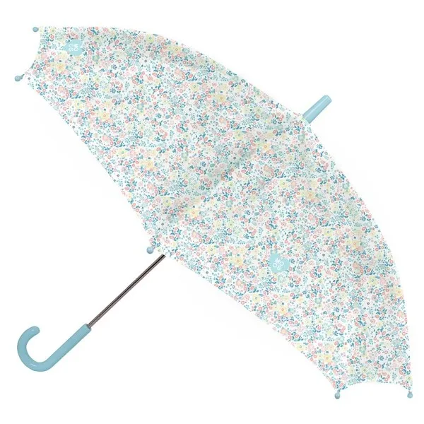 Ombrello manuale Safta Moos Fiori 86 cm - 8 pannelli - Manico e punta in PVC - Poliestere - Stecche in acciaio da 8 mm - Bianco