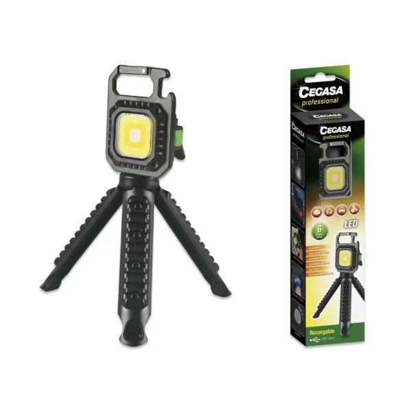 Torcia professionale Cegasa Mini con treppiede COB fino a 670 lm - Luce bianca gialla bianca e gialla combinate luce rossa e luce lampeggiante - Batteria ricaricabile USB-C - Nero
