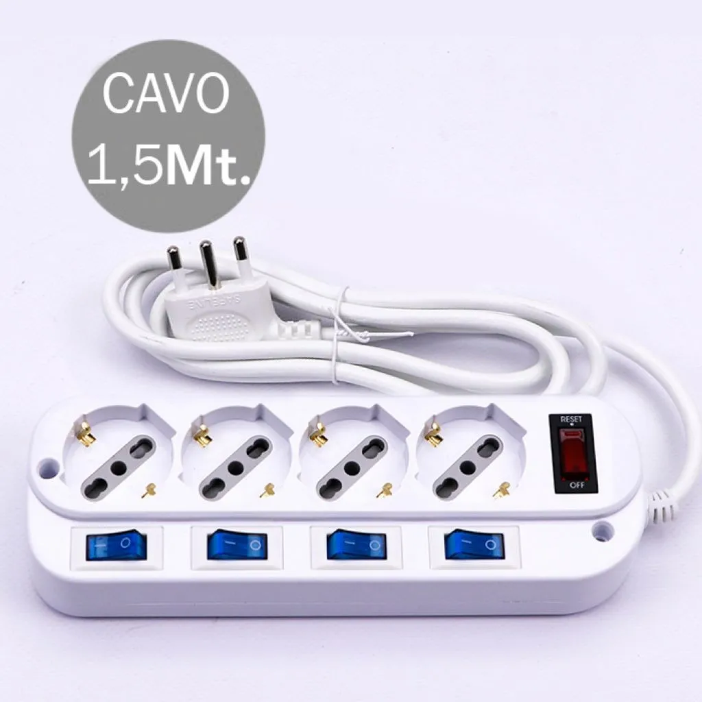 V-TAC Multipresa con Cavo 15m 4 Prese 10/16A 2P T Bipasso Schuko a 45° con Interruttore Generale e 4 Singoli Spina 16A 2P+T