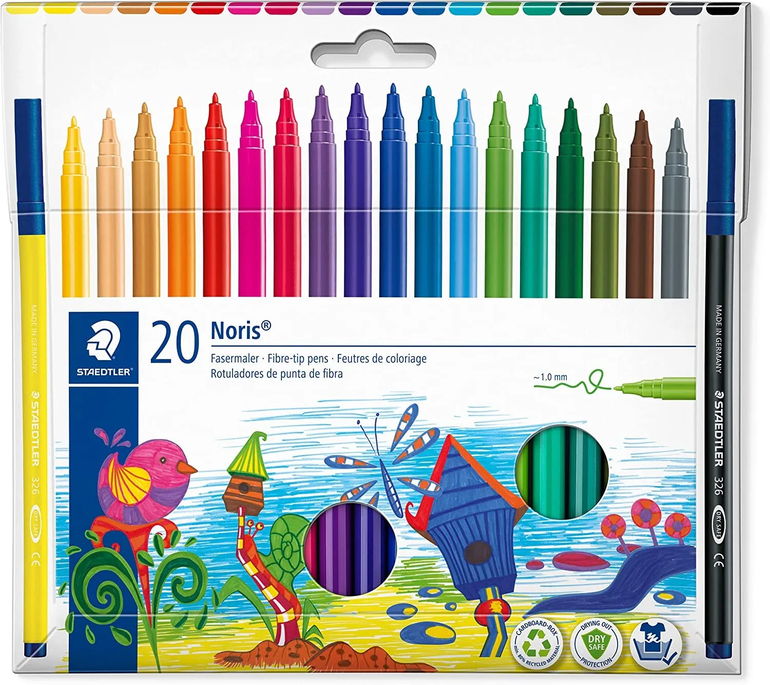 Staedtler 326 Confezione da 20 pennarelli con punta in fibra - Corsa 10 mm circa - Resistente alla pressione - Inchiostro a base acqua anti-essiccazione - Colori assortiti