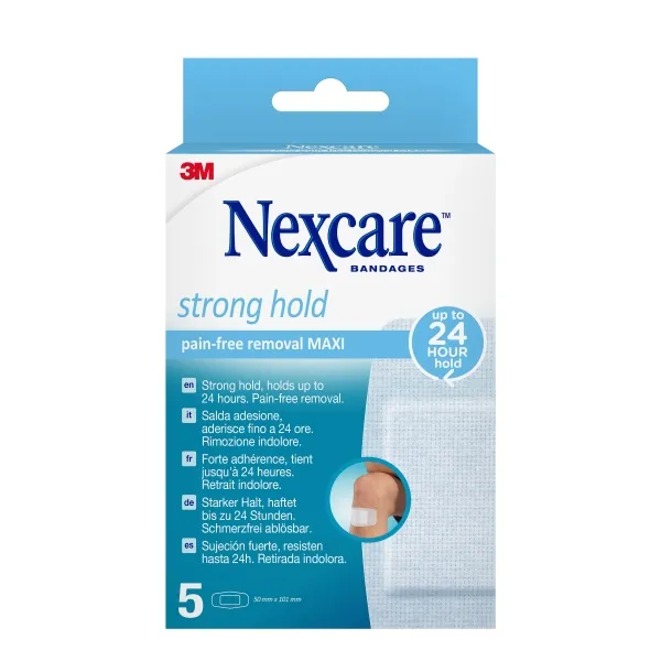Nexcare Strong Hold Confezione da 5 medicazioni per ferite - 50x101 mm - Rimozione indolore - Riposizionabili - per pelli delicate - Bianco
