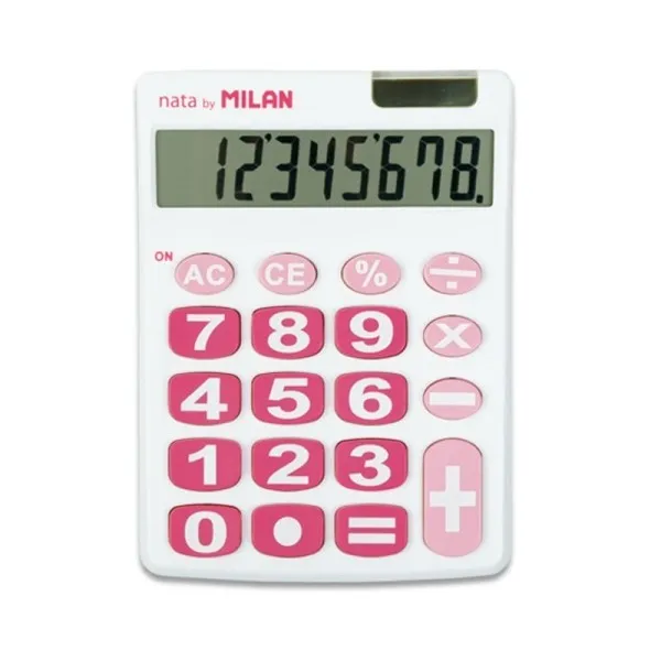 Calcolatrice da tavolo Milan Nata a 8 cifre - Tasti grandi - Spegnimento automatico - Bianco e rosa