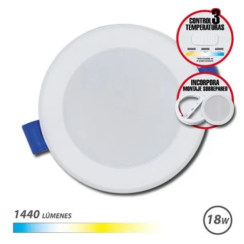 Elbat Faretto Circolare Downlight 18W - 1440Lm - Selettore 3 Temperature + Montaggio a Parete - Colore Bianco