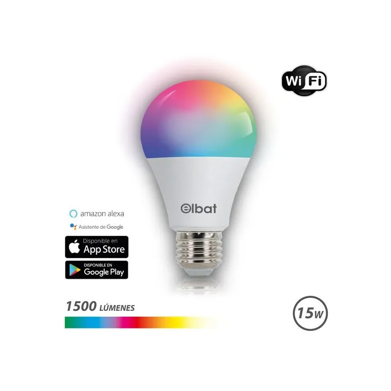 Lampadina LED Elbat Smart Wi-Fi A65 E27 15W 1500lm RGB - Temperatura da 2700K a 6000K - Controllo vocale - Controllo remoto - 3 modalità colore: freddo naturale e caldo