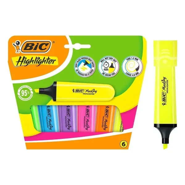 Evidenziatori Bic confezione da 6 pennarelli fluorescenti - Punta a scalpello - Tratto da 120 a 460 mm - Inchiostro a base d'acqua - Colori assortiti