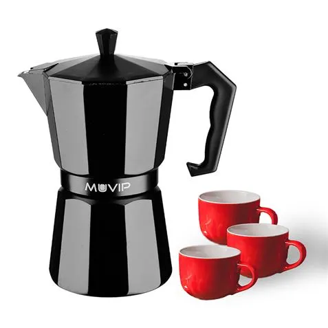 Muvip MV0606 Caffettiera in alluminio - Capacità 3 tazze - Manico ergonomico - Antiaderente - Adatta a fornelli elettrici in ceramica e a gas - Nero opaco