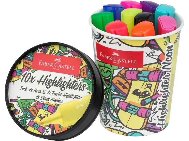 Pennarelli fluorescenti Faber-Castell Textliner 46 Neon confezione da 10 pezzi - Design a vaschetta di gelato - Punta a scalpello - Tratto da 1 mm a 5 mm - Inchiostro a base d'acqua - Colori assortiti