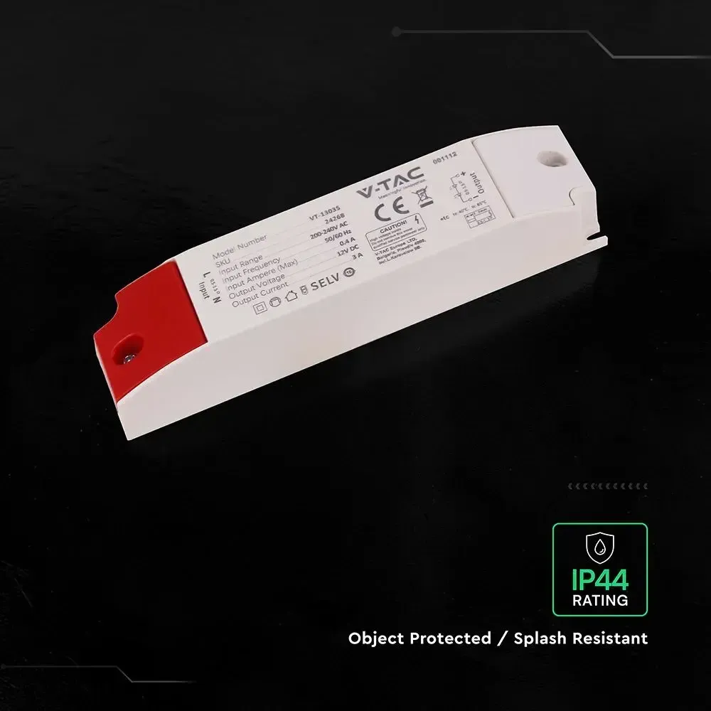 V-TAC Alimentatore in Plastica 36W 12V 3A con 1 Uscita Bianco 160x41x30mm IP44