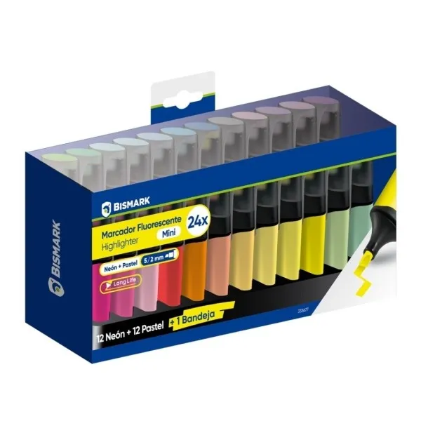 Set da scrivania Bismark a lunga durata con 24 mini pennarelli fluorescenti - 12 neon e 12 pastello - Inchiostro ad asciugatura rapida - Punta a scalpello - Ideale per sottolineare ed evidenziare - Design ergonomico - Elevata durata