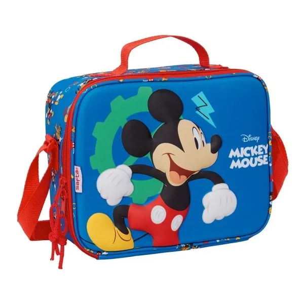 Borsa termica per il pranzo Safta Topolino - Fronte 3D - Chiusura con cerniera - Tracolla regolabile - Maniglia - 25x195x9 cm - Blu scuro