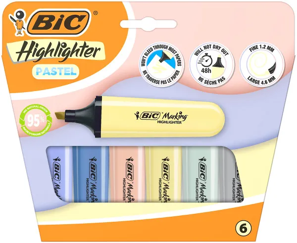 Evidenziatori Bic Flat Pastel Mineral confezione da 6 pennarelli fluorescenti - Punta a scalpello - Tratto da 120 a 460 mm - Inchiostro a base d'acqua - Colori pastello minerali assortiti