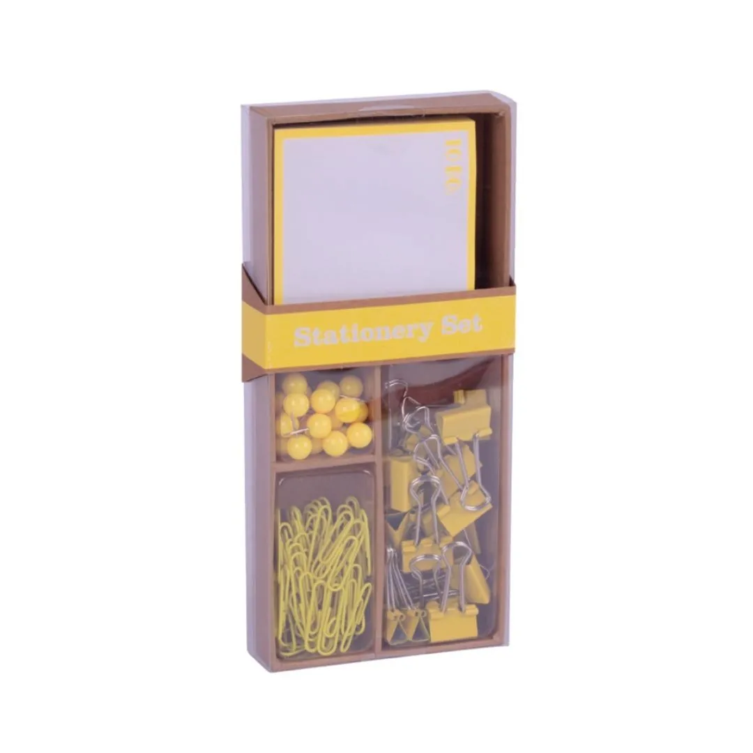 Set da ufficio Apli Fluor Collection - 25 puntine 80 clip da 28 mm 20 clip pieghevoli da 19 mm e 100 fogli di foglietti adesivi giallo fluo - Design moderno e sorprendente - Prodotto riposizionabile per esposizione 17684