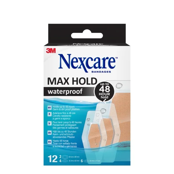 Confezione da 12 cerotti assortiti Nexcare Max Hold impermeabili - Tenuta 48 ore - Traspiranti - Trasparenti