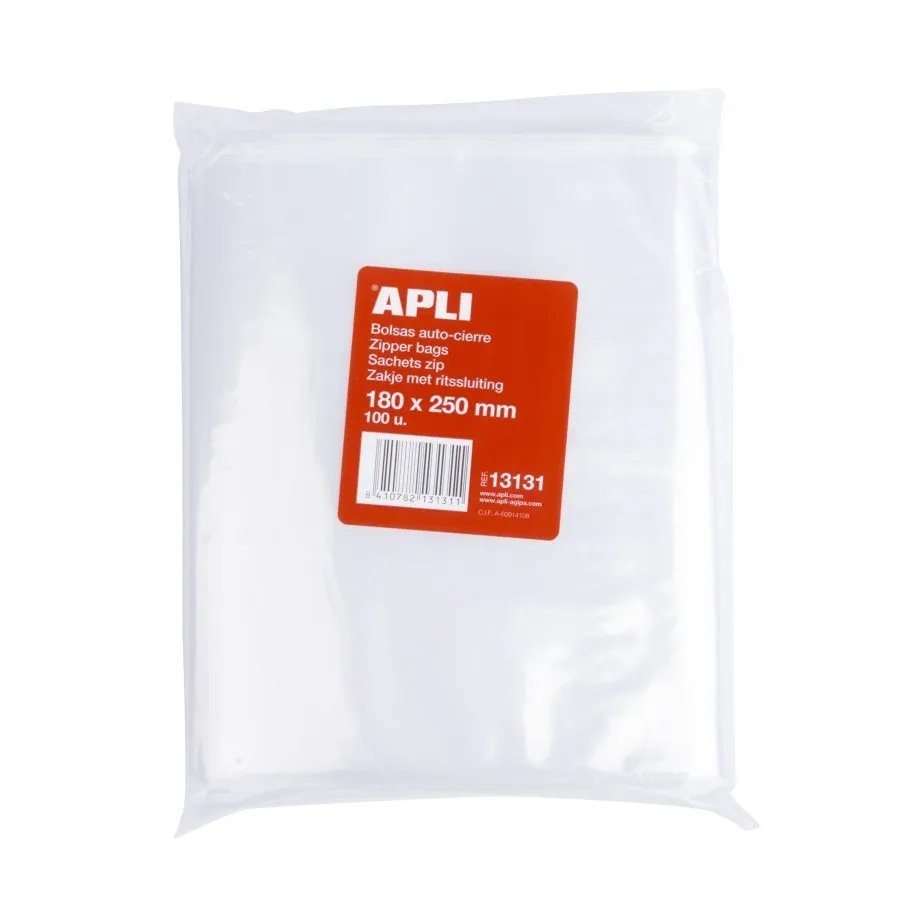 Apli Confezione da 100 Sacchetti Autosigillanti 180 x 250 mm - Chiusura Sicura - Adatto per Alimenti