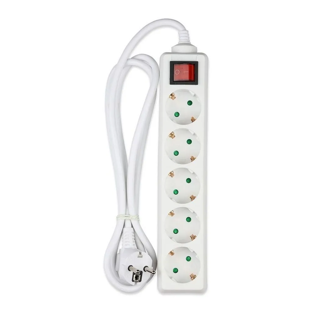 V-TAC Multipresa con Cavo 15m 5 Prese 10A 2P + Schuko e Interruttore Luminoso Spina Schuko Colore Bianco