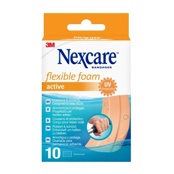 Nexcare Active - Confezione da 10 medicazioni flessibili in schiuma - 6x10 cm - Traspiranti - Resistenti all'acqua - Color carne