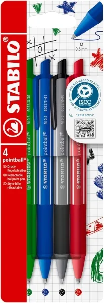 Confezione da 4 penne retrattili Stabilo Pointball colorate - Tratto da 05 mm - Realizzate con l'87% di bioplastica - Impugnatura antiscivolo - Ricaricabili - Colori assortiti