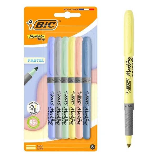 Set di 6 evidenziatori Bic Highlighter Grip Pastel con punta a scalpello spessore del tratto tra 160 e 330 mm impugnatura testurizzata e colori assortiti.