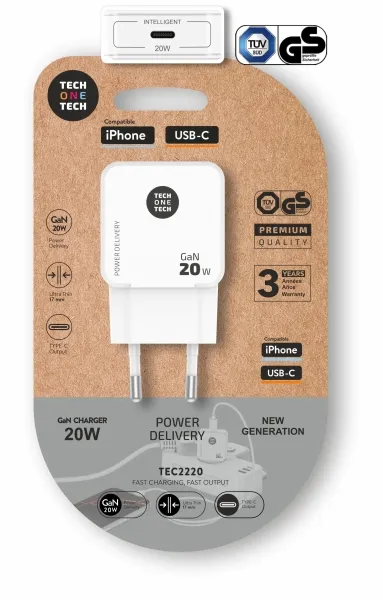 Caricabatterie da parete TechOneTech GaN 20W Ultra Veloce USB-C bianco
