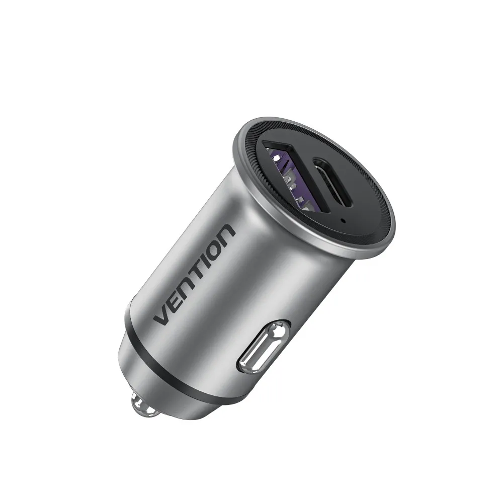 Caricabatteria da Auto Vention 20W 2xUSB (A+C) QC4.0 34A - Design Mini - Alluminio Grigio