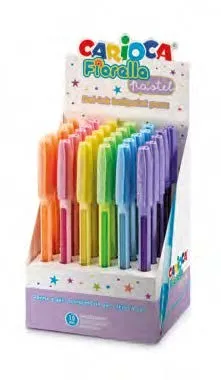 Espositore Carioca Fiorella con 30 penne a gel colorate - Punta a sfera da 1 mm - Corpo trasparente pastello - Colori pastello assortiti