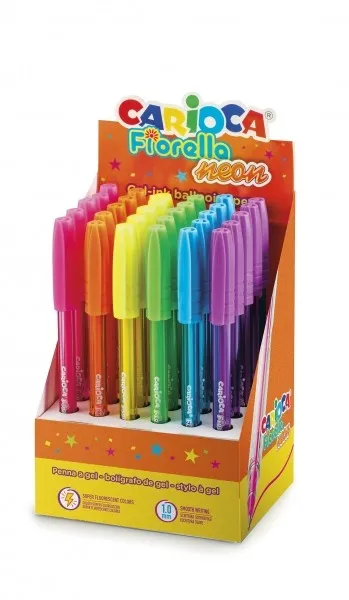 Espositore Carioca Fiorella con 30 penne al neon - Punta a sfera - Corpo trasparente fluorescente - Scrittura brillante e colorata - Colori assortiti