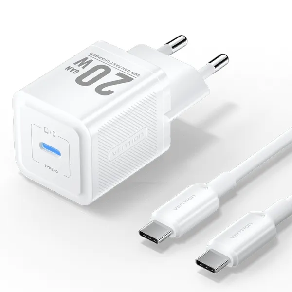 Caricabatterie da muro Vention GaN USB-C 20W - Cavo USB-C da 1 m - Bianco