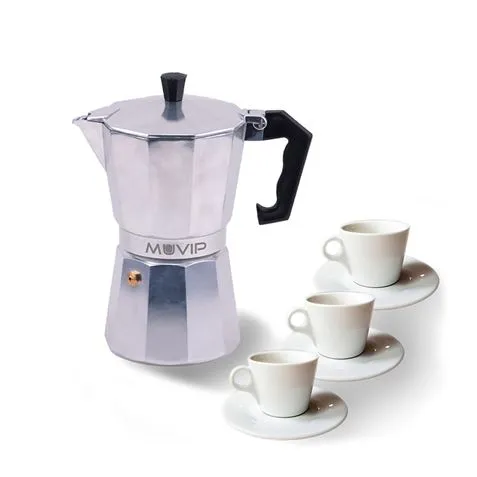 Caffettiera in alluminio Muvip MV0600 - Capacità 3 tazze - Manico ergonomico - Antiaderente - Adatta a fornelli elettrici in ceramica e a gas - Colore alluminio