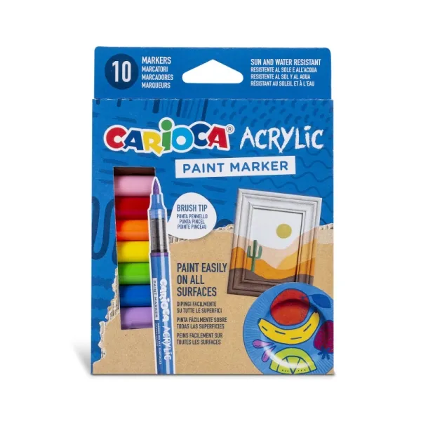 Carioca Acrylic Confezione da 10 pennarelli acrilici - Punta a pennello - Inchiostro a base d'acqua - Alta copertura - Colori assortiti