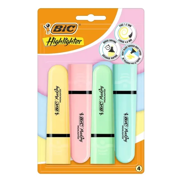 Evidenziatori Bic Flat Pastel confezione da 4 pennarelli fluorescenti - Punta a scalpello - Tratto da 120 a 460 mm - Inchiostro a base d'acqua - Colori pastello assortiti