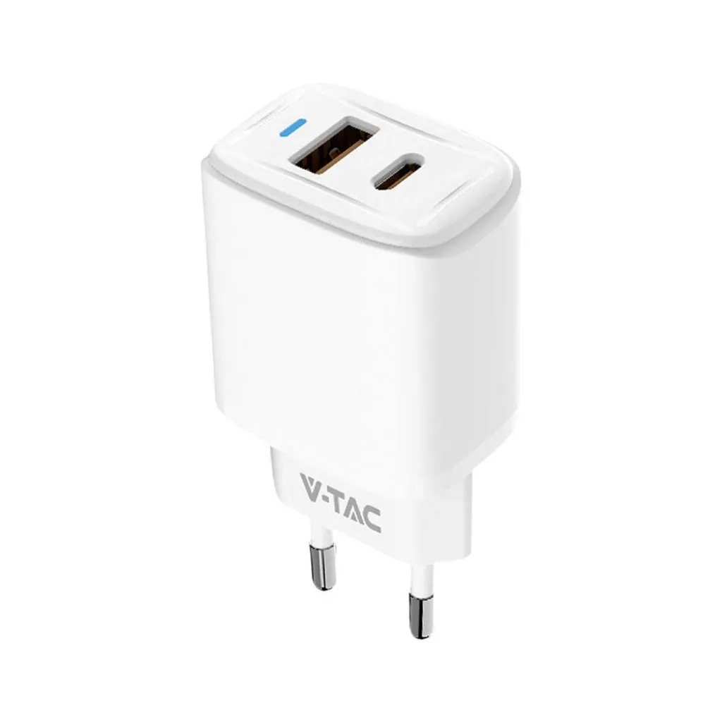 V-TAC Adattatore da Viaggio USB 20W 1 PD+1 QC Colore Bianco