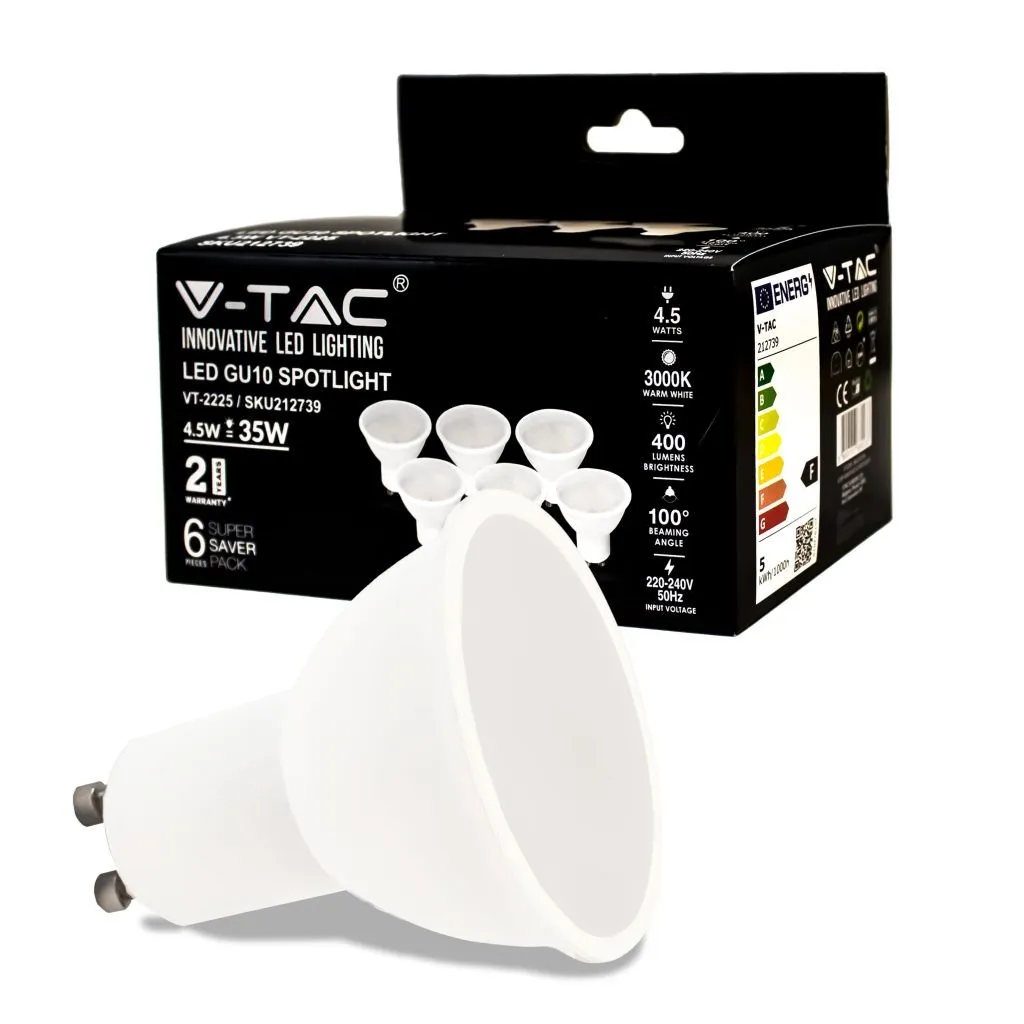 V-TAC Faretto LED GU10 4.5W Copertura Satinata 3000K - Box 6 Pezzi